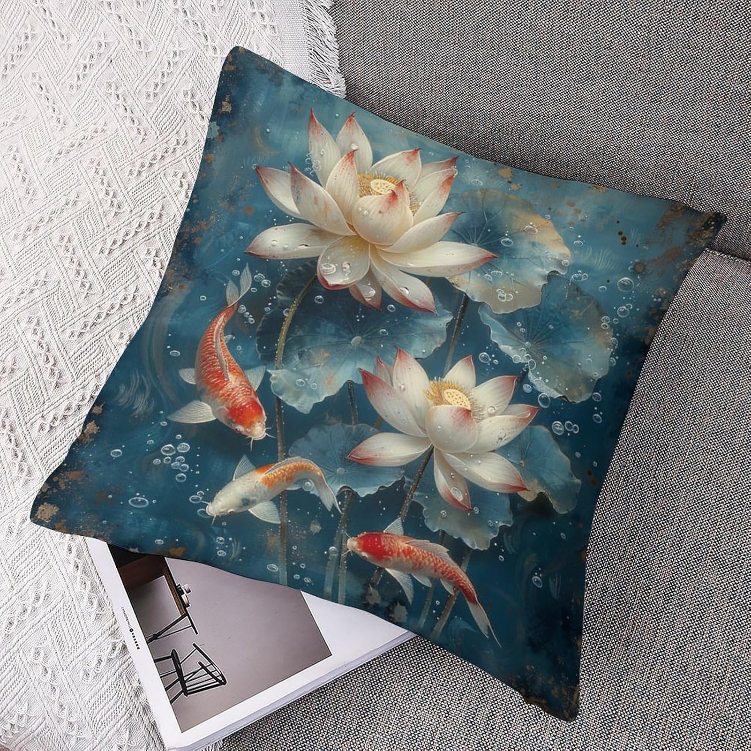 2 Packs Vintage Floral Pond Throw Pillow Covers for Living Room, Fantasy Fish Botanical Pillow Covers Cushion Case for Couch Sofa Bed, 20x20 inch