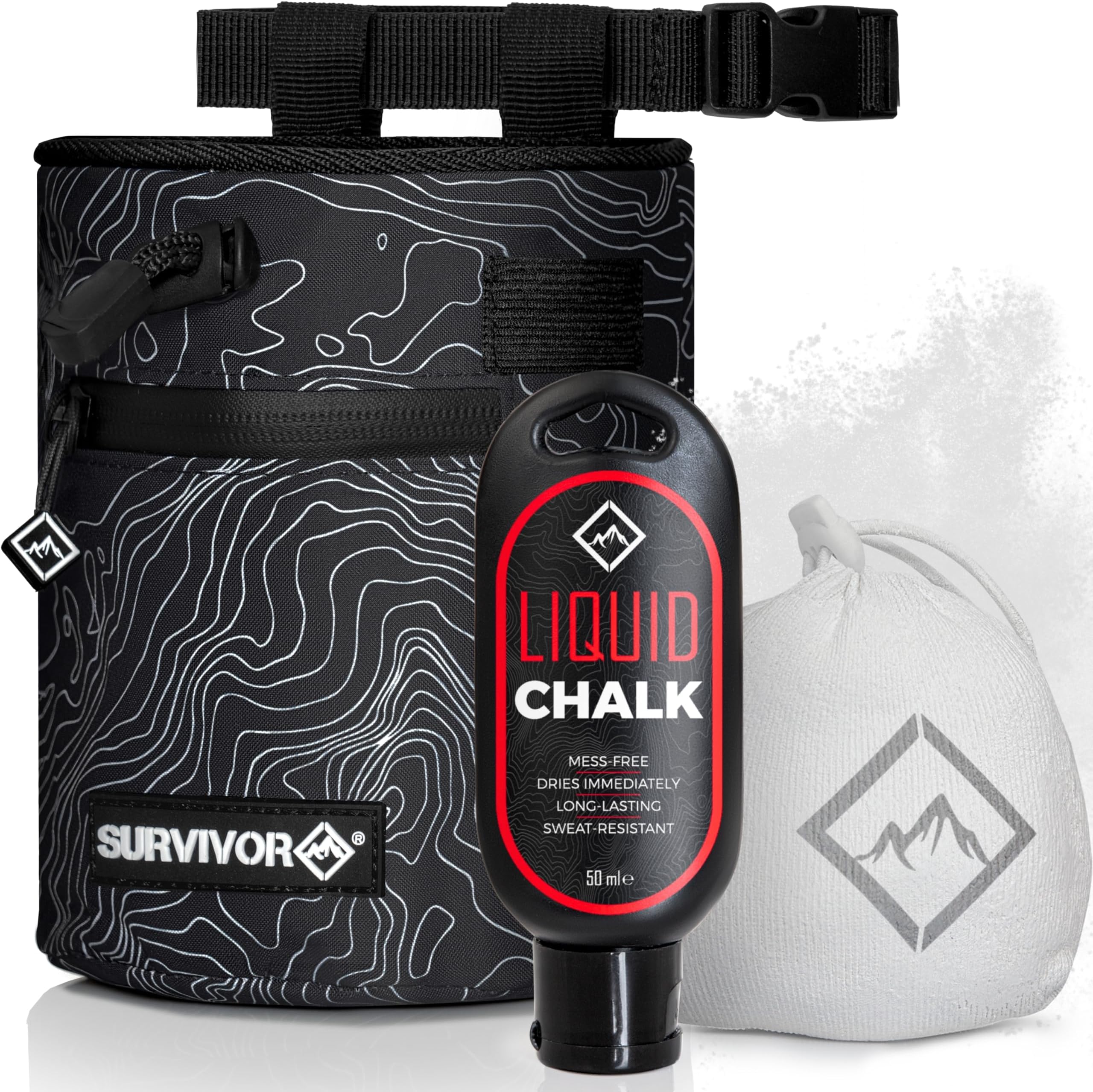 SURVIVOR Chalk Bag + Chalk Ball + Liquid Grip - Iconic Topographical Map, Draw String Closure, 2 Zippered Pockets, & Brush Holder - Bag for Rock Climbing, Bouldering, Weightlifting, Gymnastics & More