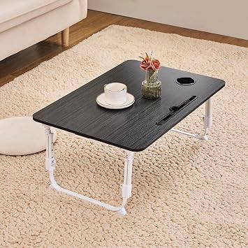 VECELO Folding Table Desk, Low Table, Mini Table, Compact, Space Saving, Height Adjustable, 3 Levels 10.5 - 11.7 - 12.9 inches 26.7 - 29.7 - 32.7 cm, Laptop PC, Tablet Stand, With Drink Holder