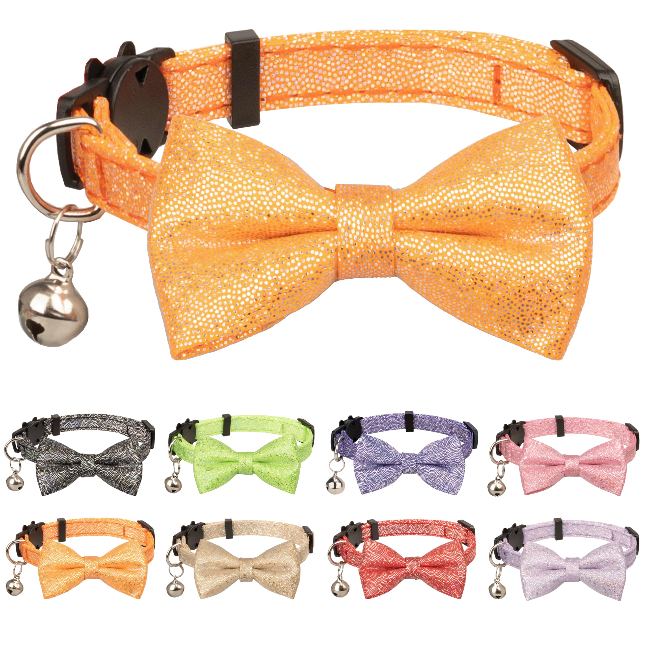 Collar de gato ajustable para evitar pérdidas con lazo brillante y cascabel sonoro naranja