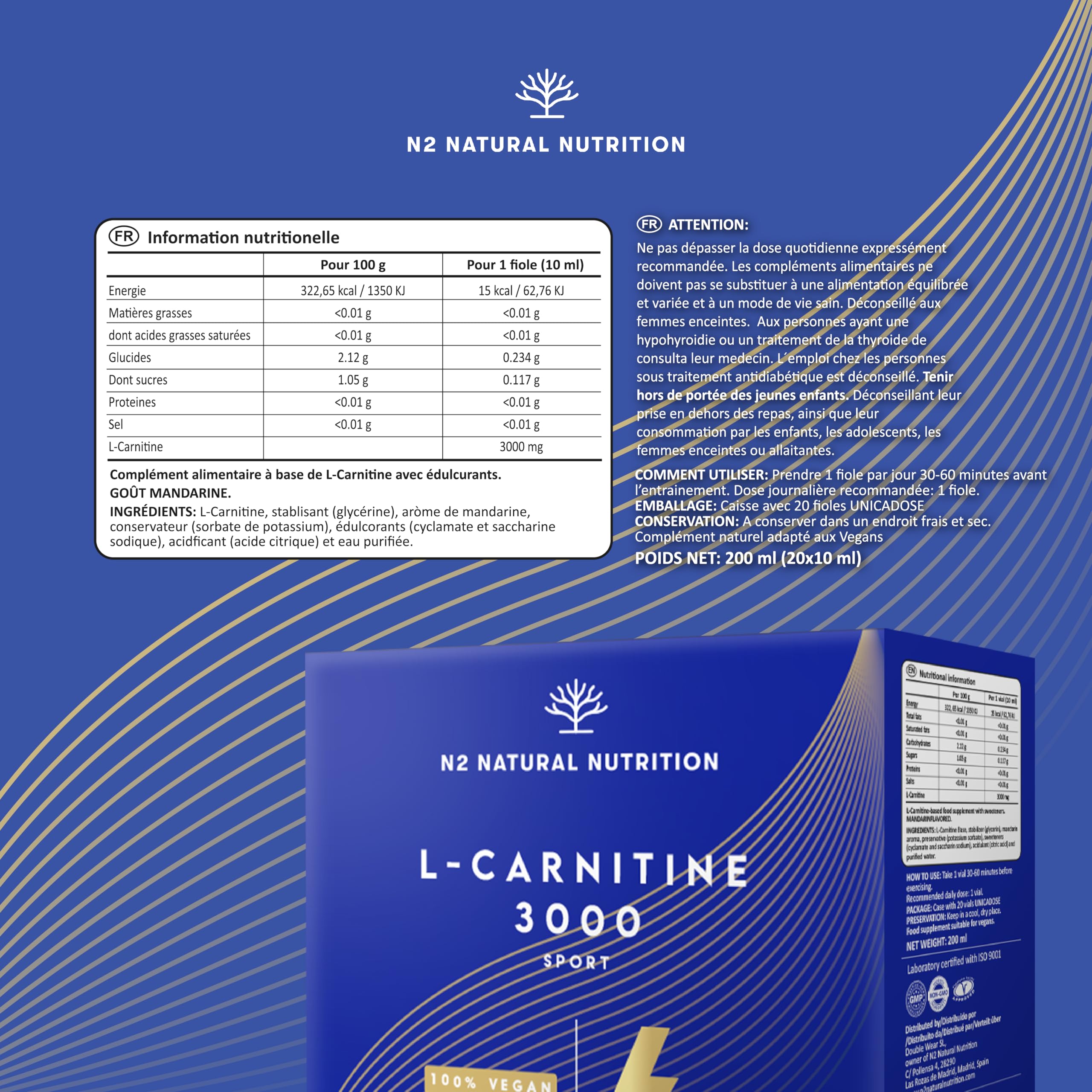 L CARNITINE Liquide 3000 PURE Haute Puissance. 40 Flacons. Pre Workou BOOSTE Energie, Améliore Rendement Sportif et la Recuperation. Incassable Ouverture Facile VÉGAN UE. N2 Natural Nutrition