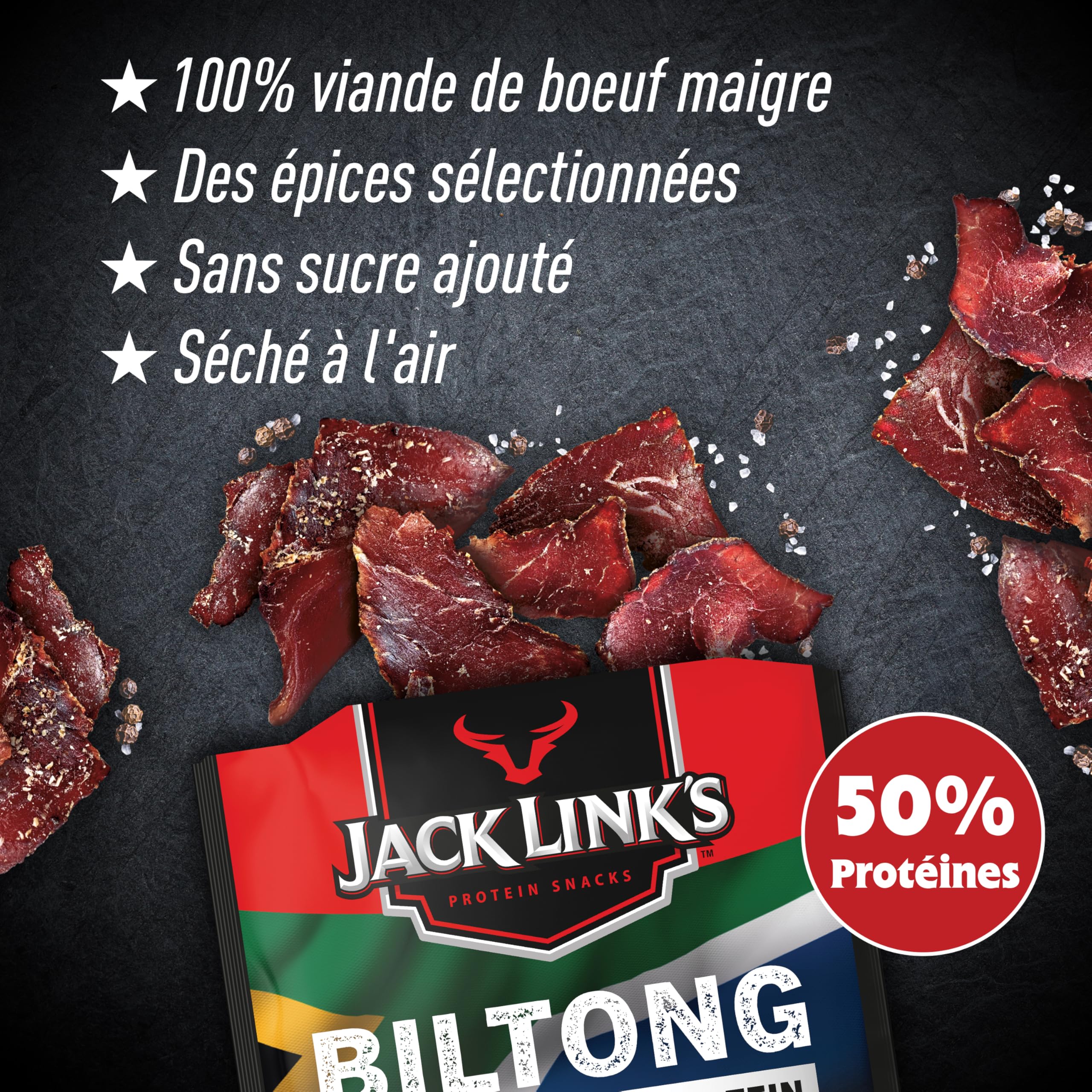 Jack Link’s Biltong Jerky Original - Confezione da 12 (12 x 60 g) - Snack di carne senza glutine - Carne essiccata ricca di proteine per fitness - Snack proteico a basso contenuto calorico - Chips