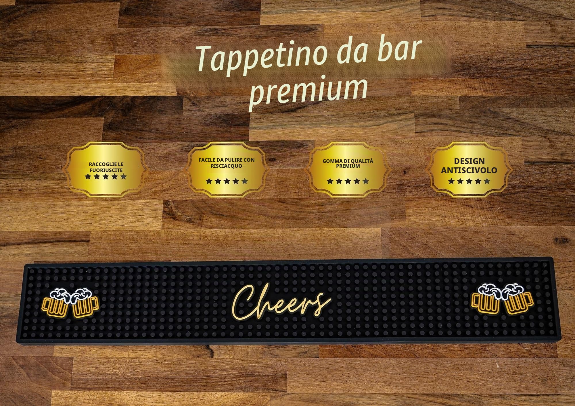 Buddy - Tappetino da bar in gomma | 60x10x1 cm | Tappetino per bancone di alta qualità per vetreria, casa, grotta degli uomini | in PVC nero antiscivolo, per birra e cocktail