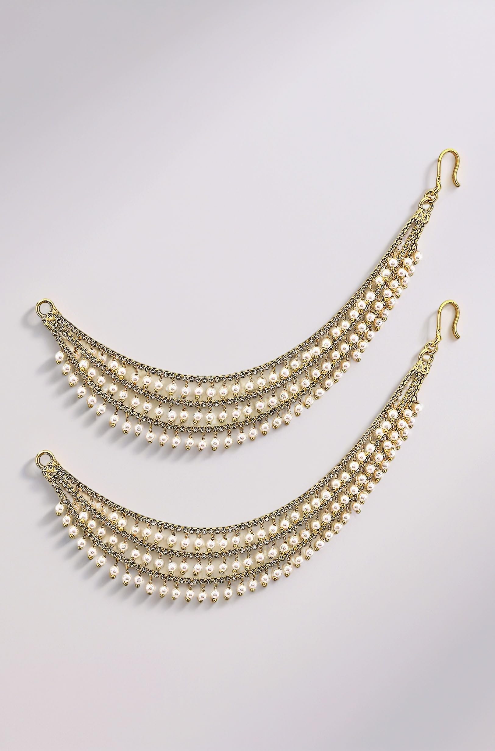 MEENAZ Brass copper Gold kanchain 3 layer long bridal wedding ear kan chain Champaswaralu earchains Ear Chains for Hair Jhumka Jhumki kanoti moti pearl Traditional Earrings for women girls Golden-M025