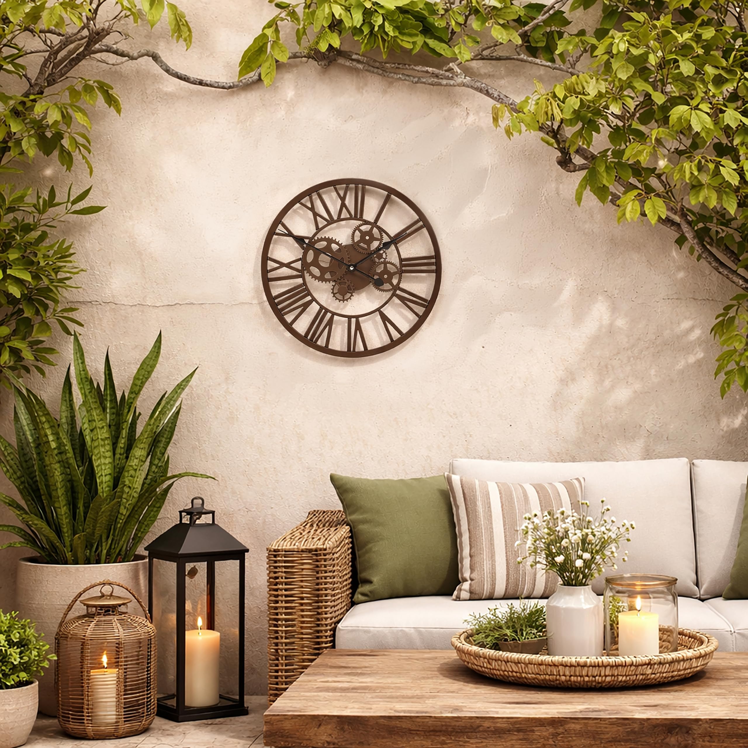 garden mile Orologio da parete tradizionale con numeri romani in stile vintage marrone impermeabile a batteria, grande metallo retrò a ingranaggio rotondo scheletro orologi da parete giardino patio