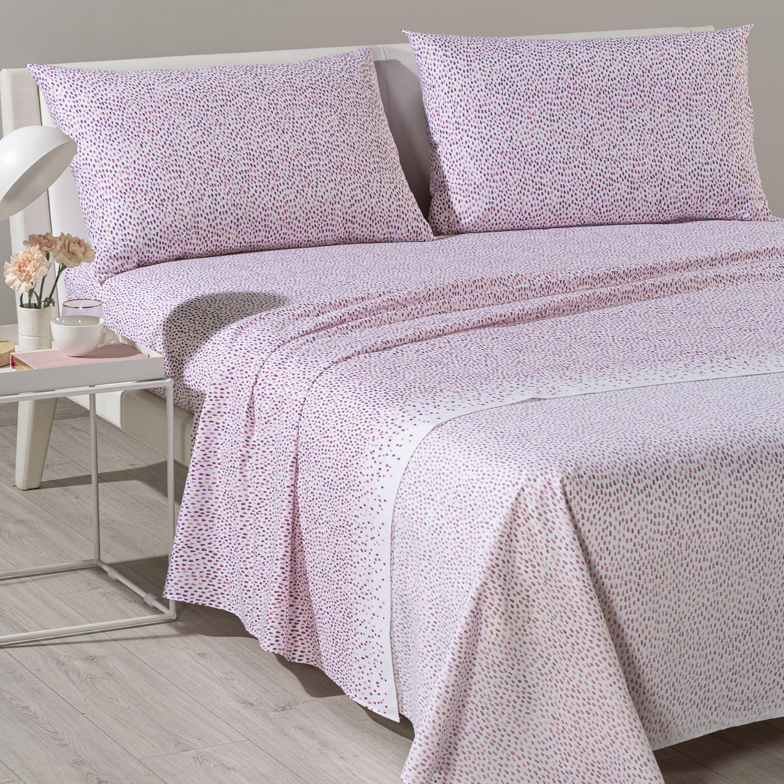 Caleffi Komplet pościeli na łóżko dwuosobowe, 100% miękka bawełna, prześcieradło z gumką 180 x 200 x 25 cm, prześcieradło wierzchnie 240 x 280 cm, 2 poszewki na poduszki 50 x 80 cm (różowe krople)