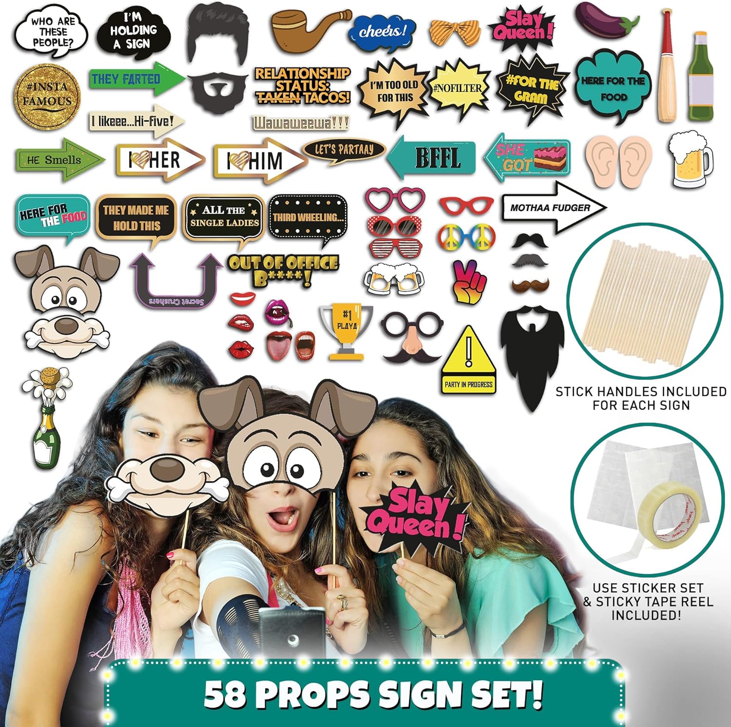 SOUL SHIFT 70 Pc Large Premium Photo Booth Props Set for All Occasions - Wedding Props, Birthday Props, Graduation Prop, Inflatables, Large Glasses, Multi-Colored Wig, Hawaiian Lei, Hand Pump - Image 4