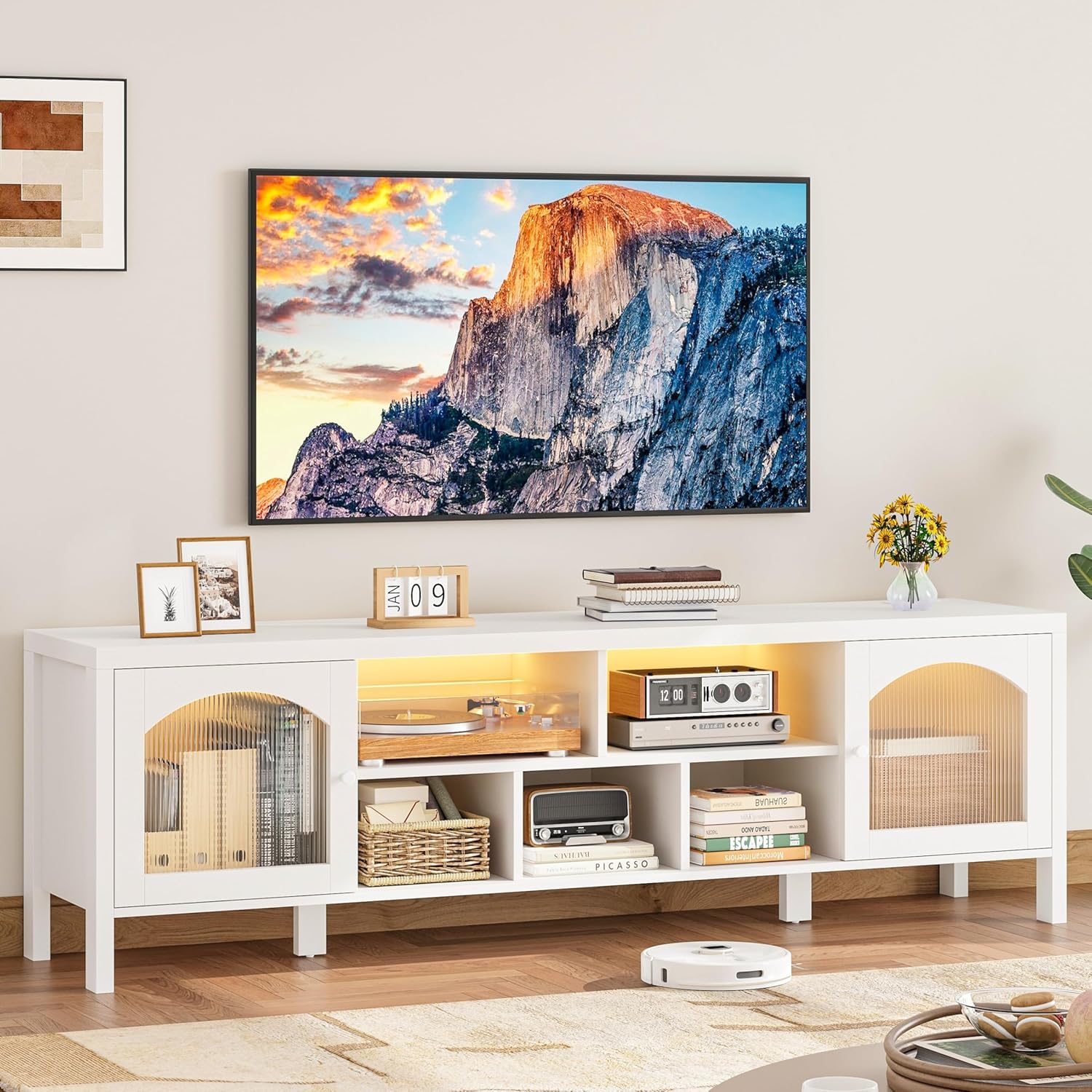 IRONCK TV Stand for 75 Inch TV, 71" Entertainment Center with Power Outlet & LED Light, Modern Media TV Console with Arched Glass Doors and Storage Cabinets for Living Room, White