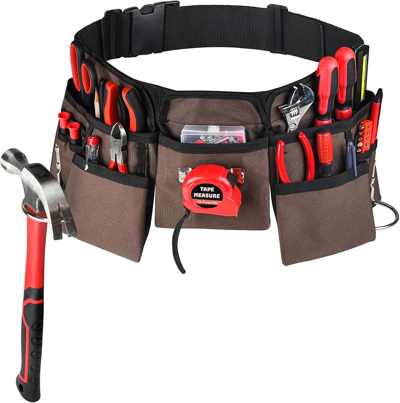 Cinturón para herramientas de construcción resistente, color marrón y negro, con 11 bolsillos, delantal de trabajo, bolsa para herramientas, con hebilla de liberación rápida para cinturón de poliéster, se ajusta desde 33 pulgadas hasta 50 pulgadas