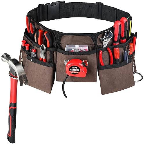 19 Pocket Brown and Black Heavy Duty Construction Tool Belt, Work Apron, Tool Pouch, with Poly Web Belt Quick Release Buckle - Adjusts from 33” Inches All the Way to 50” Inches