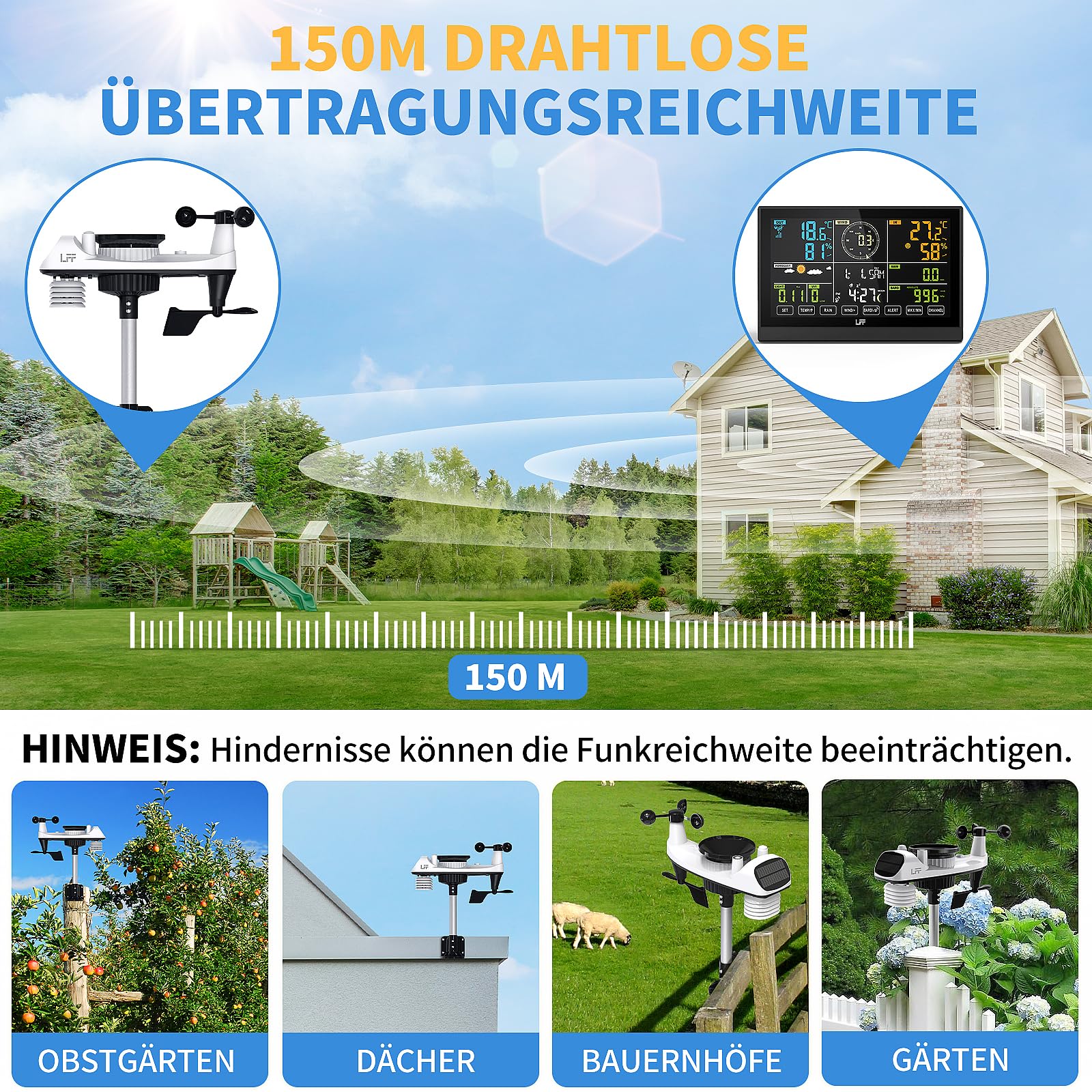LFF 7-In-1 Wetterstation Funk mit Außensensor, 7,5-Zoll-Display Funkwetterstation mit DCF-Funkuhr, Wetterstation mit 4-Stufen Hintergrundbeleuchtung, UV-Index,Windmesser, Regenmesser, Wettervorhersage