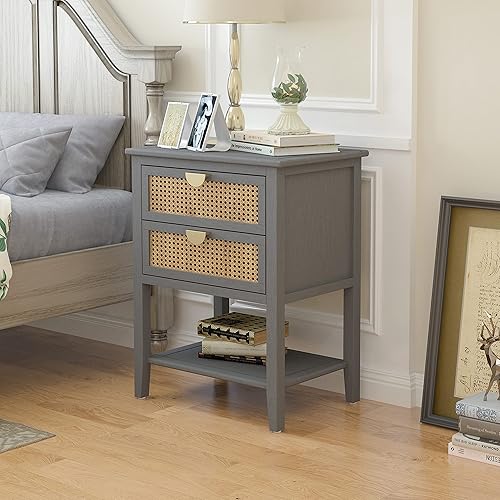 Miniatura 4 de ZeHuoGe Mesita de noche de ratán natural con 2 cajones mesa auxiliar mesa auxiliar para aperitivos mesa auxiliar para sofá mesa auxiliar portátil