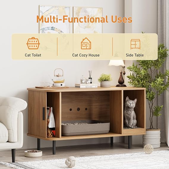 Halitaa Cat Litter Box Enclosure with Cat Scratch Pad, Sliding Door, 37.4 Litter Box Enclosure Furniture Hidden Litter Box, Modern Indoor Cat House, TV Stand, Side End Table for Living Room, Natural