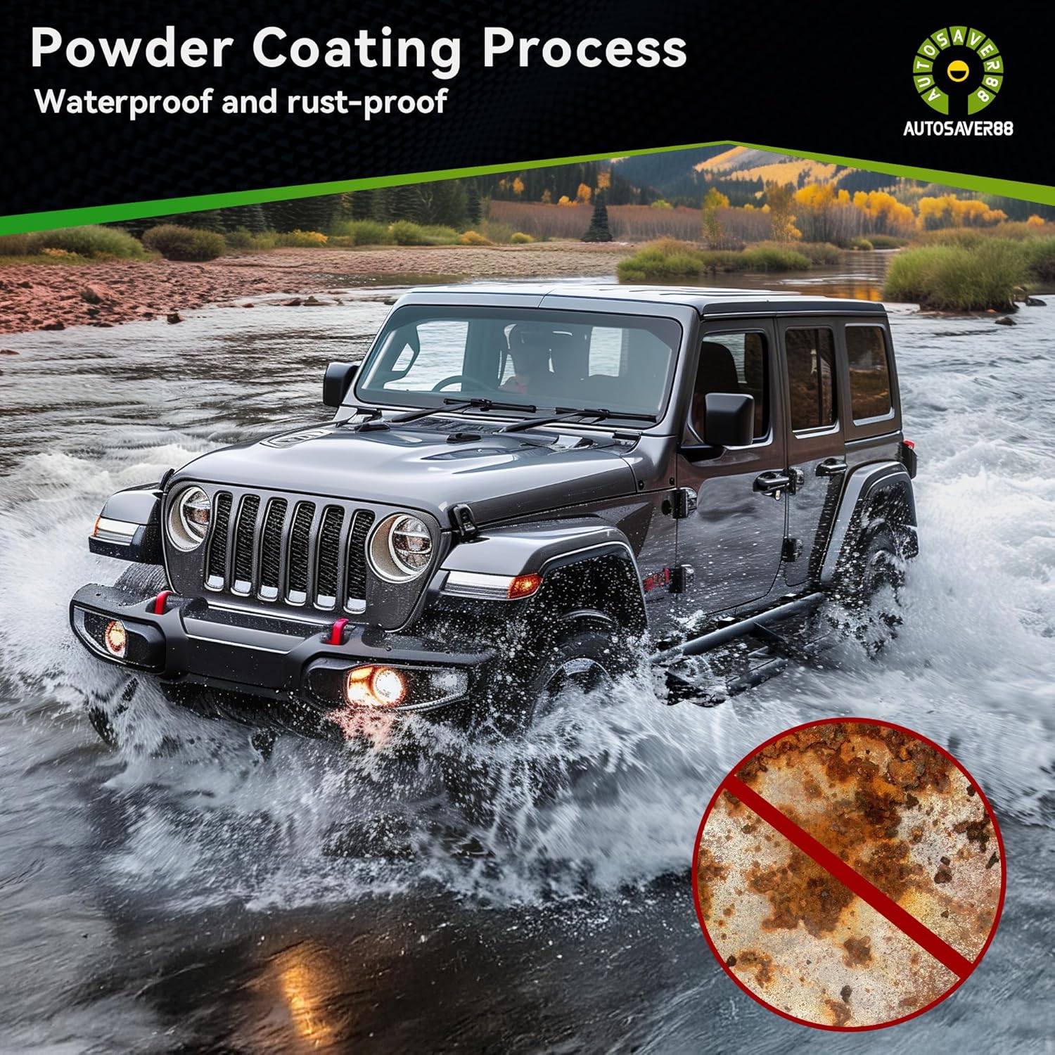 AUTOSAVER88 Running Board installed on a green Jeep Wrangler JL 4-door, viewed from the front-side.