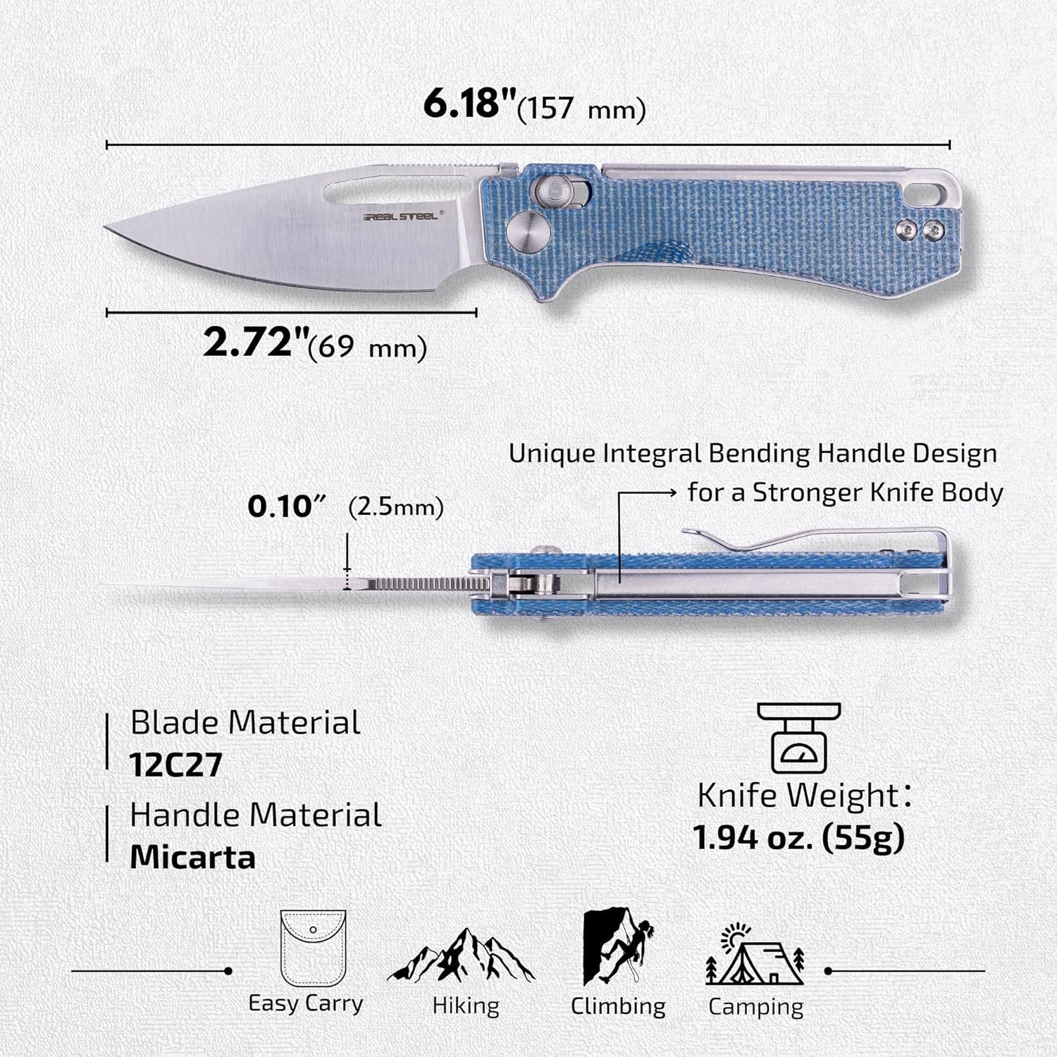 REALSTEEL VIS Pocket Knife, Folding Knife, Crossbar Lock, 2.72" Small 12C27 Steel Satin Plain Blade, Thumb Hole, Micarta Handle, 1.94oz, Pocket Clip, Versatile Outdoor Indoor EDC Knife, Gifts for Men Women Camping Hiking Fishing Climbing (Denim Micarta/Satin)