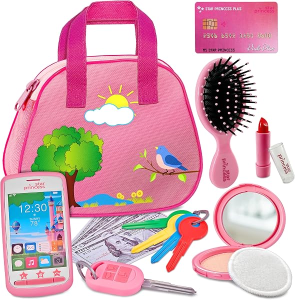 Toddler Play Purse for Kids with Accessories, Toys for Girls with Pretend Makeup, Keys, Smartphone, Dress Up Toy Purse f