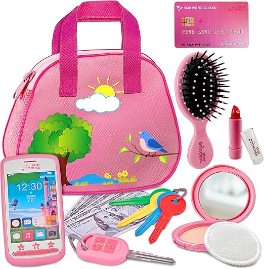 Toddler Play Purse for Kids with Accessories, Purse Toys for Girls with Pretend Makeup, Keys, Smartphone, Dress Up Toy Purse for Toddlers and Kids - Birthday Gift for Little Toddler Girls