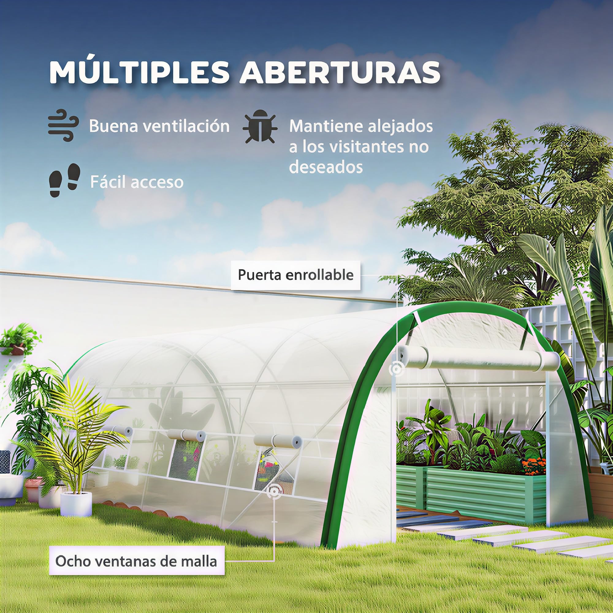 Outsunny Invernadero de Exterior 6x3x2 m con Puerta Enrollable Blanco | 8 Ventanas de Malla, Invernadero de Túnel, Cubierta PE 140g/m², Marco de Acero Galvanizado, Protección UV, para Plantas