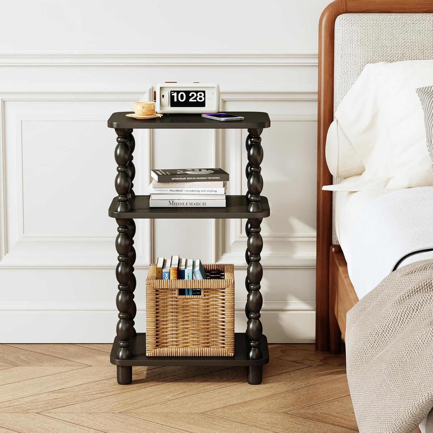 Side Table, Retro End Table with 3 Tier Shelf, Small Couch Side Table for Living Room, Vintage Farmhouse End Table, Bedroom Skinny Bedside Table Nightstand(Black)