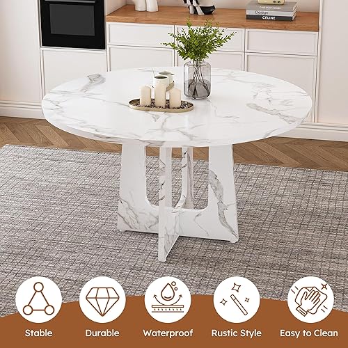 Miniatura 4 de Juego de mesa de comedor redonda de 47 pulgadas para 4, mesa de cocina de mármol sintético blanco circular con 4 sillas de comedor tapizadas de Mesa