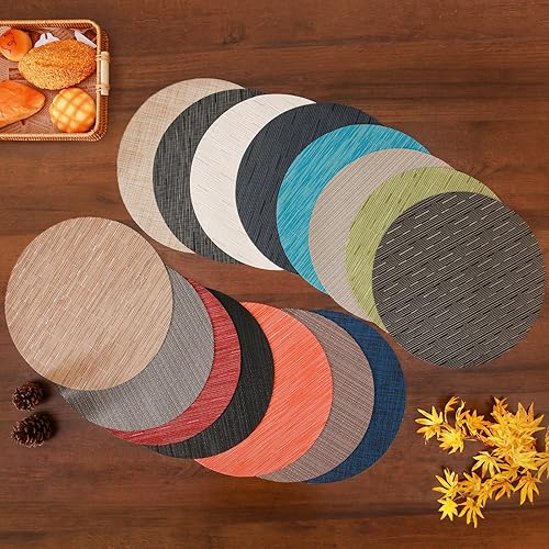 Miniatura 6 de Juego de 8 manteles individuales redondos de vinilo resistentes al calor, lavables y antideslizantes, manteles individuales tejidos para mesa de