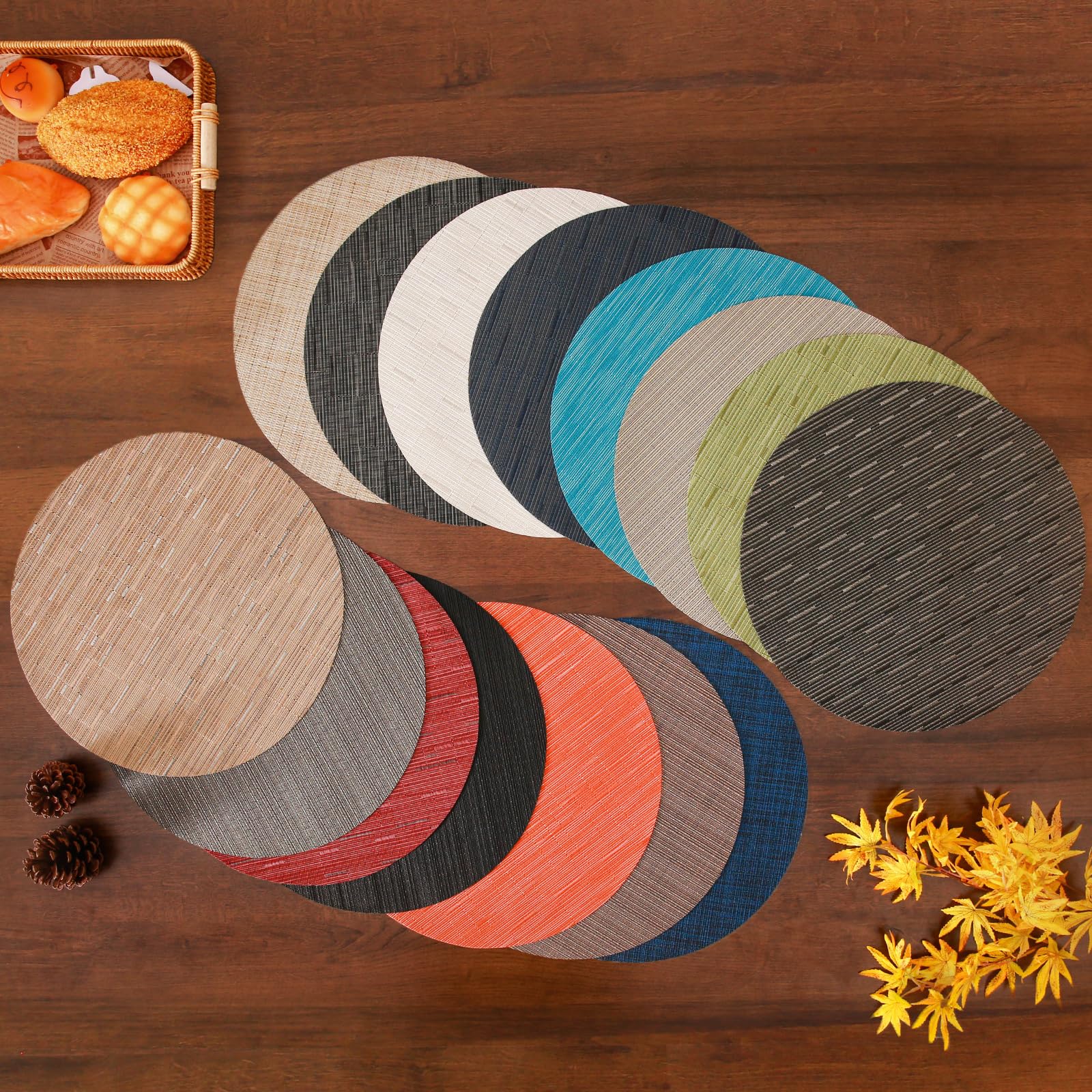 Polyester placemats met binnen- en buiterring, drielaags gevlochten ontwerp, melk-koffiekleur, rond 38cm, set van 6, wasbare en hittebestendige tafelmats voor keuken, eettafel en restaurant | Keukentextiel en tafellinnen