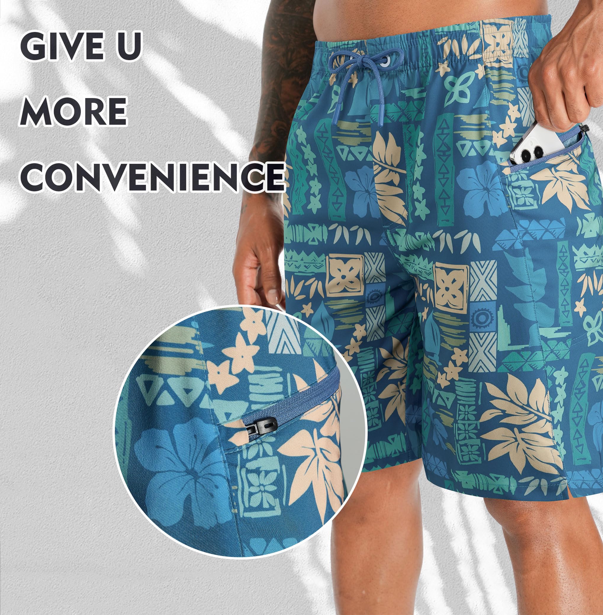 APTRO Bañador largo para hombre con forro de compresión, de secado rápido, 2 en 1, con bolsillo con cremallera, pantalones interiores, surf, playa