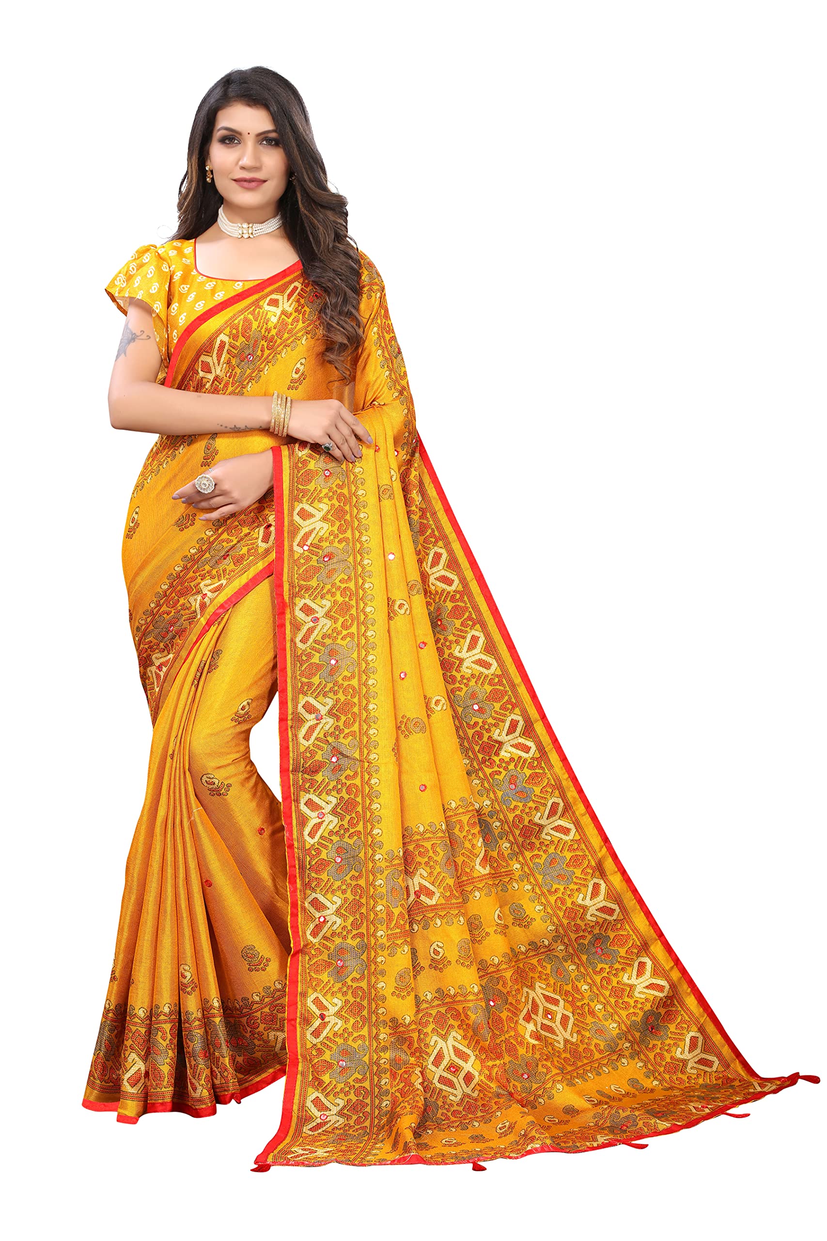 Women's Jute Silk Mirror Work Saree With Blouse Piece
