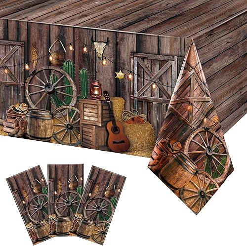 Tiamon Mantel de plástico para fiesta de vaquero occidental, 3 piezas, diseño de vaquero occidental, cubierta de mesa de madera para suministros de