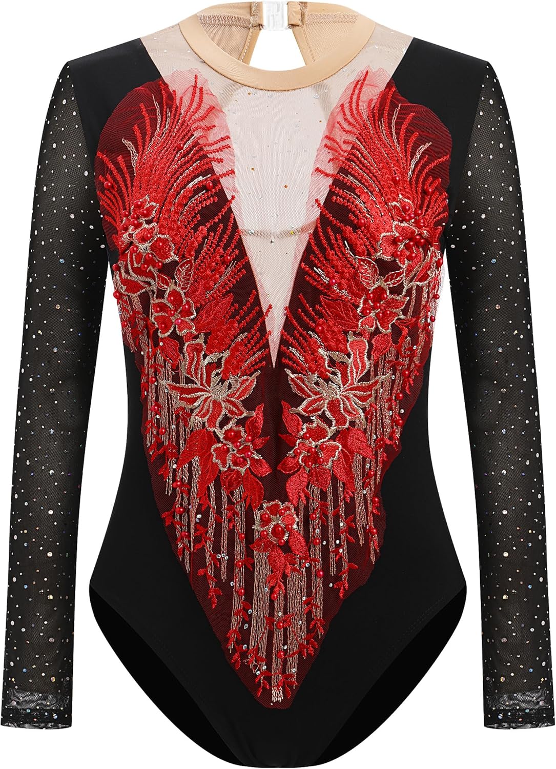 AFAVOM Sequin Embroidered Ballet Leotards for Women Long Sleeve Mesh Figure Skating Dress Shiny Diamond Gymnastics Dancewear