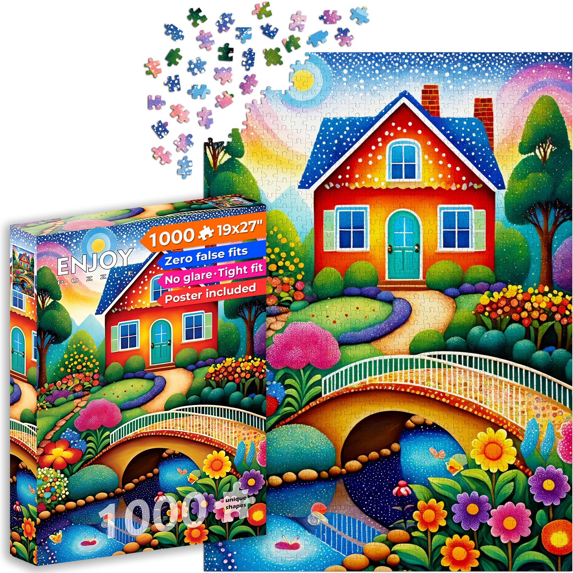 1000 Piece Jigsaw Puzzle for Adults - Cottage Garden & Stone Bridge Landscape | Matte Ant…