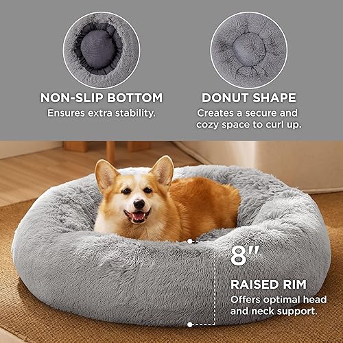Vista 92 de Bedsure - Cama relajante para perros medianos, lavable, tipo dona, cama para gato, antideslizante, redonda, afelpada, mullida, de piel sintética
