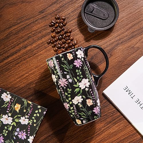 Miniatura 5 de Topadorn Taza de café de cerámica para regalo con tapa de 17 onzas, taza de té alta de porcelana con asa para el hogar y la oficina, taza