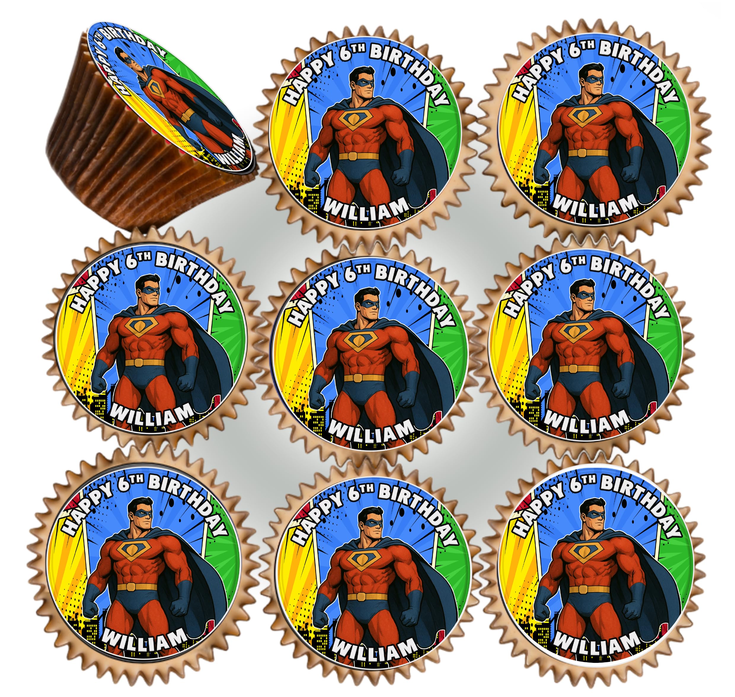 30 x YOUR FAVOURITE SUPERHERO BIRTHDAY PERSONALISED EDIBLE ICING 3.8 cms CUPCAKE TOPPERS DECORATIONS SV-35