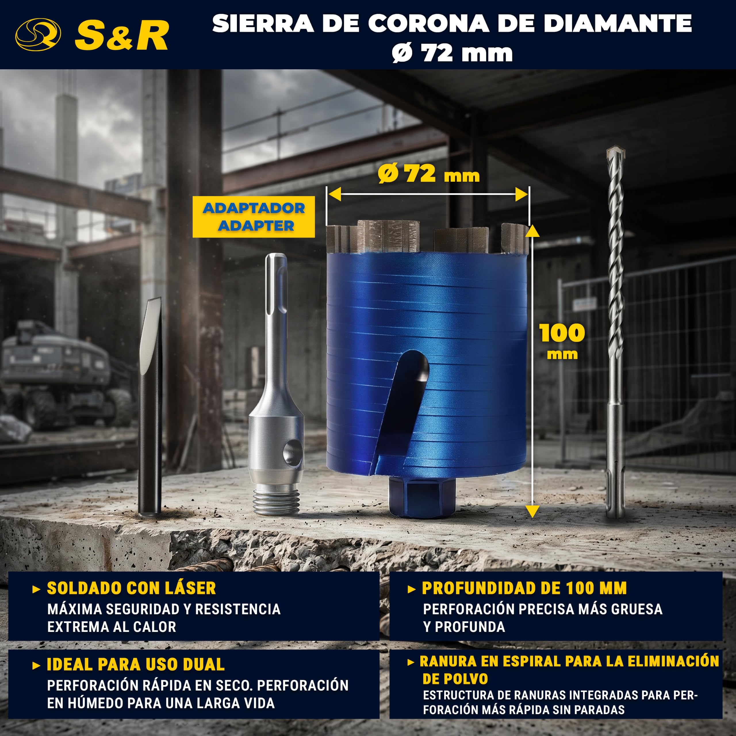 S&R Corona de Perforación de Diamante – Set 72 mm - Altura de segmento 10 | Broca Central 8 x 120 mm + Adaptador SDS-plus + Caja estable - Avellanador de latas