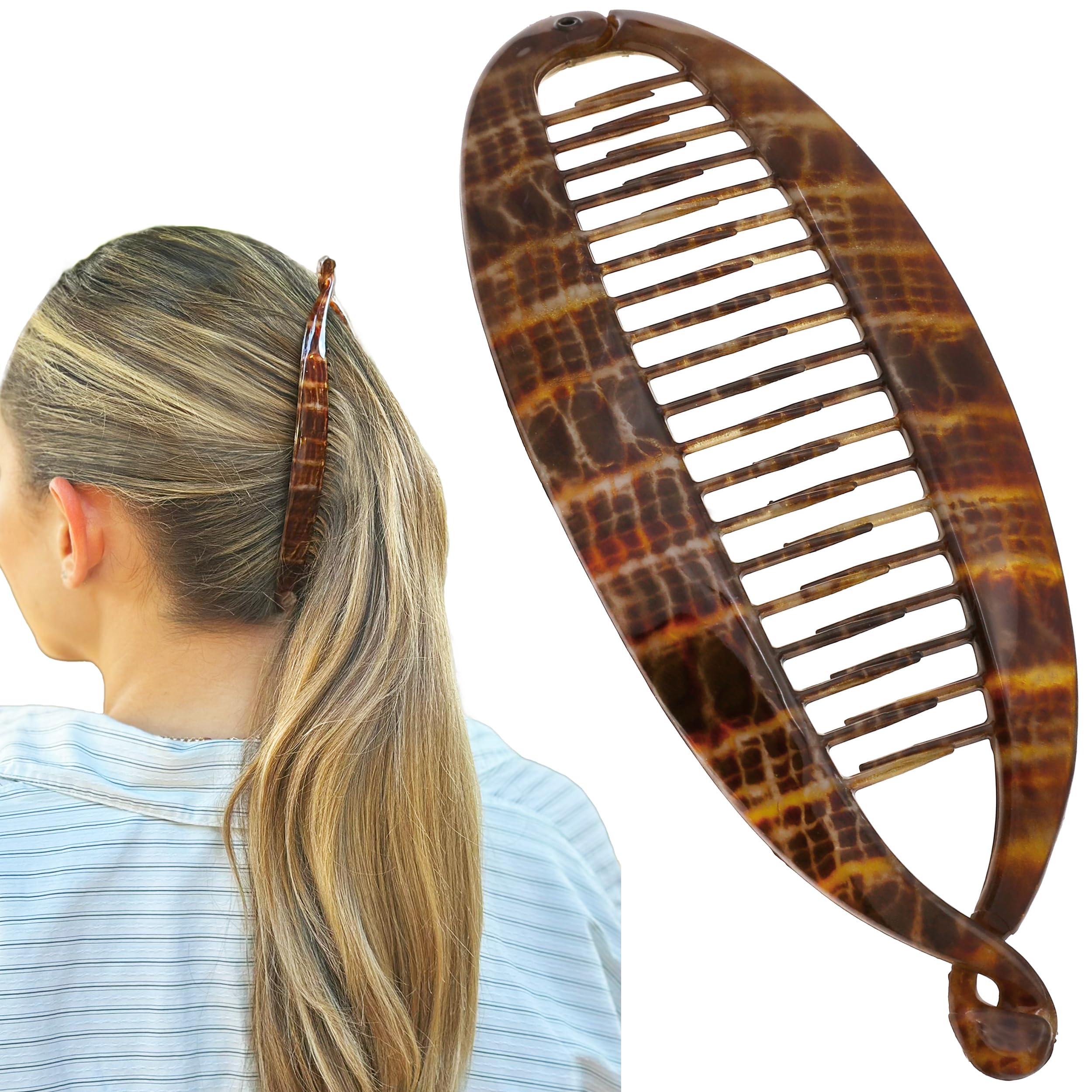 Camila Paris CP3097 French Extra Large Banana Clip Hair Comb, Classic Banana Clips Hair for Thick Hair Ponytail Holder Interlocking Styling Clips for Women Made in France