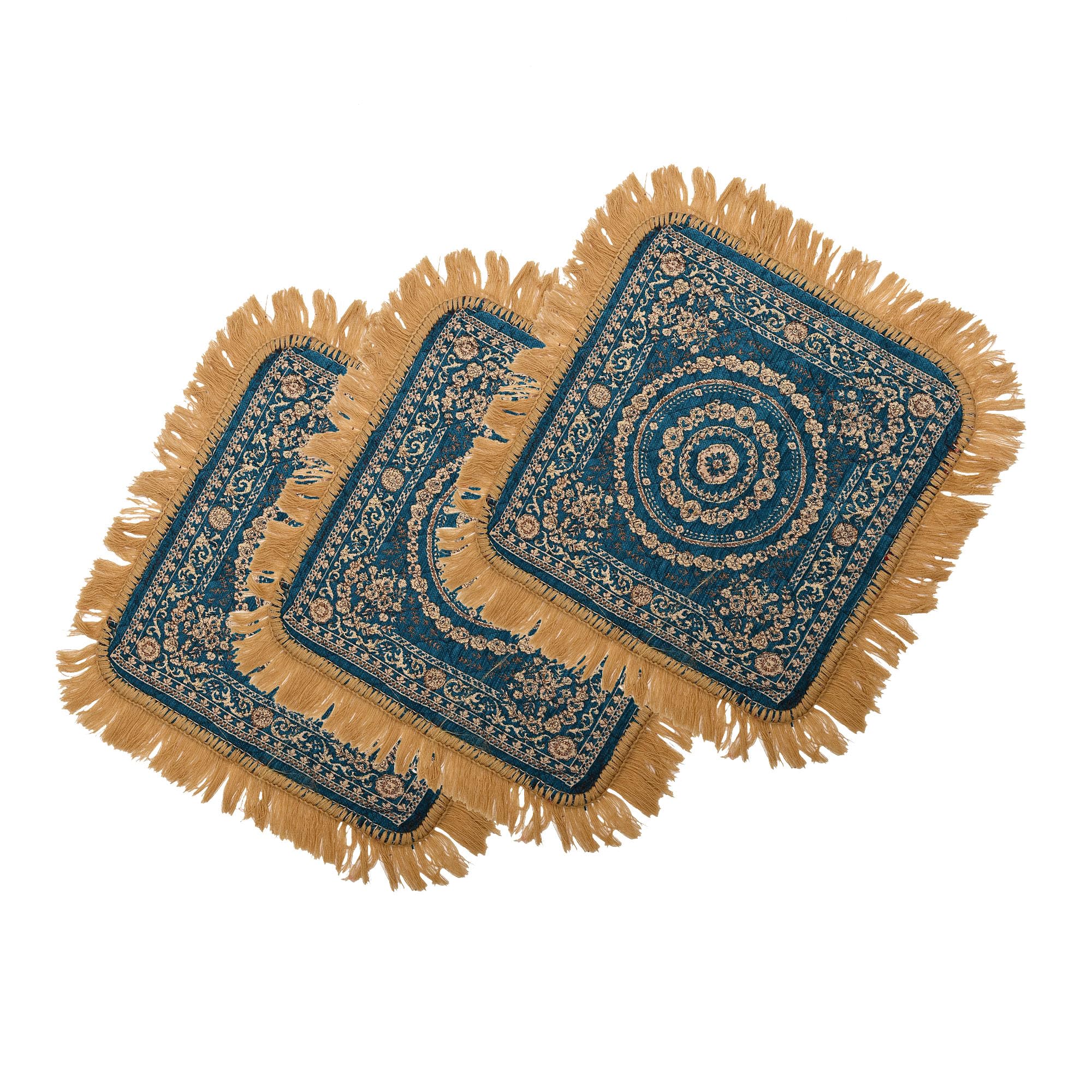 Heart Home Pack of 3 Velvet Finish Pooja mat for Sitting on Floor | Traditional Rangoli Print Aasan Puja Cloth for Home Mandir | Suitable for Prayer & Meditation | Golden Firozi-image-4