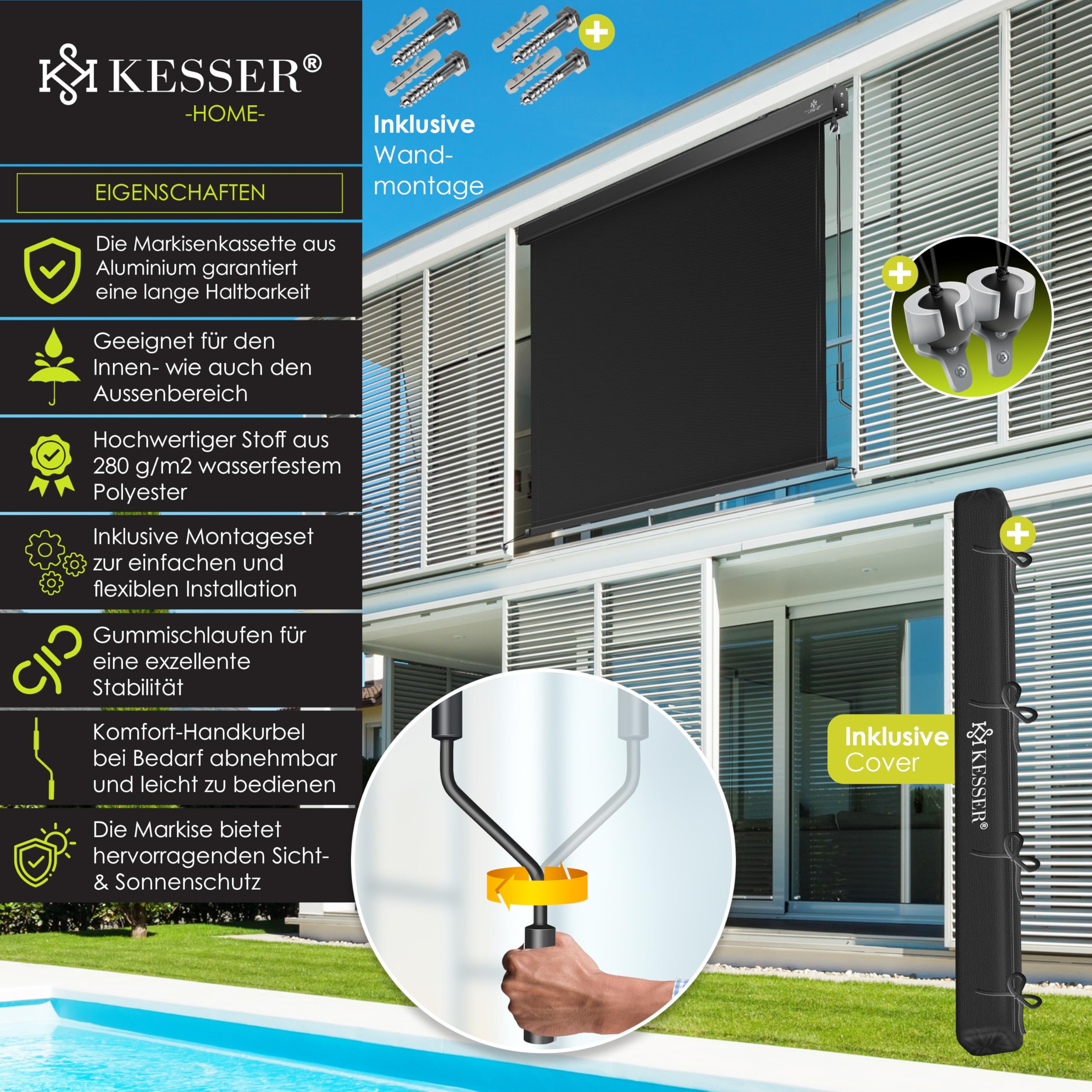 KESSER® Senkrechtmarkise 200x250cm Außenrollo Handkurbelmechanismus Balkonrollo Sonnen-und Sichtschutz Beschattung Sonnenschutz mit Kurbel Markisenkasten Balkon & Terrasse inkl Montageset & Abdeckung