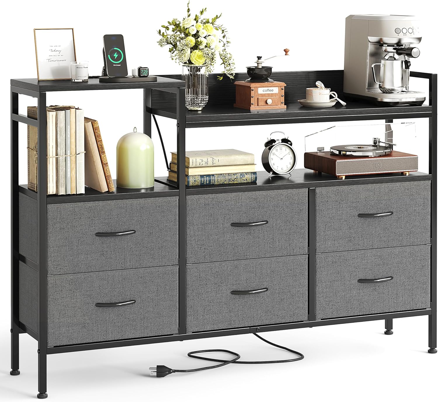 CAIYUN Bedroom Dresser with Power Outlet, Dresser with 6 Drawers TV Stand for 55" TV, Long Metal Frame Dressers & Chest of Fabric Drawer Furniture for Living Room, Closet, Hallway, Entryway Black&Grey Black+grey