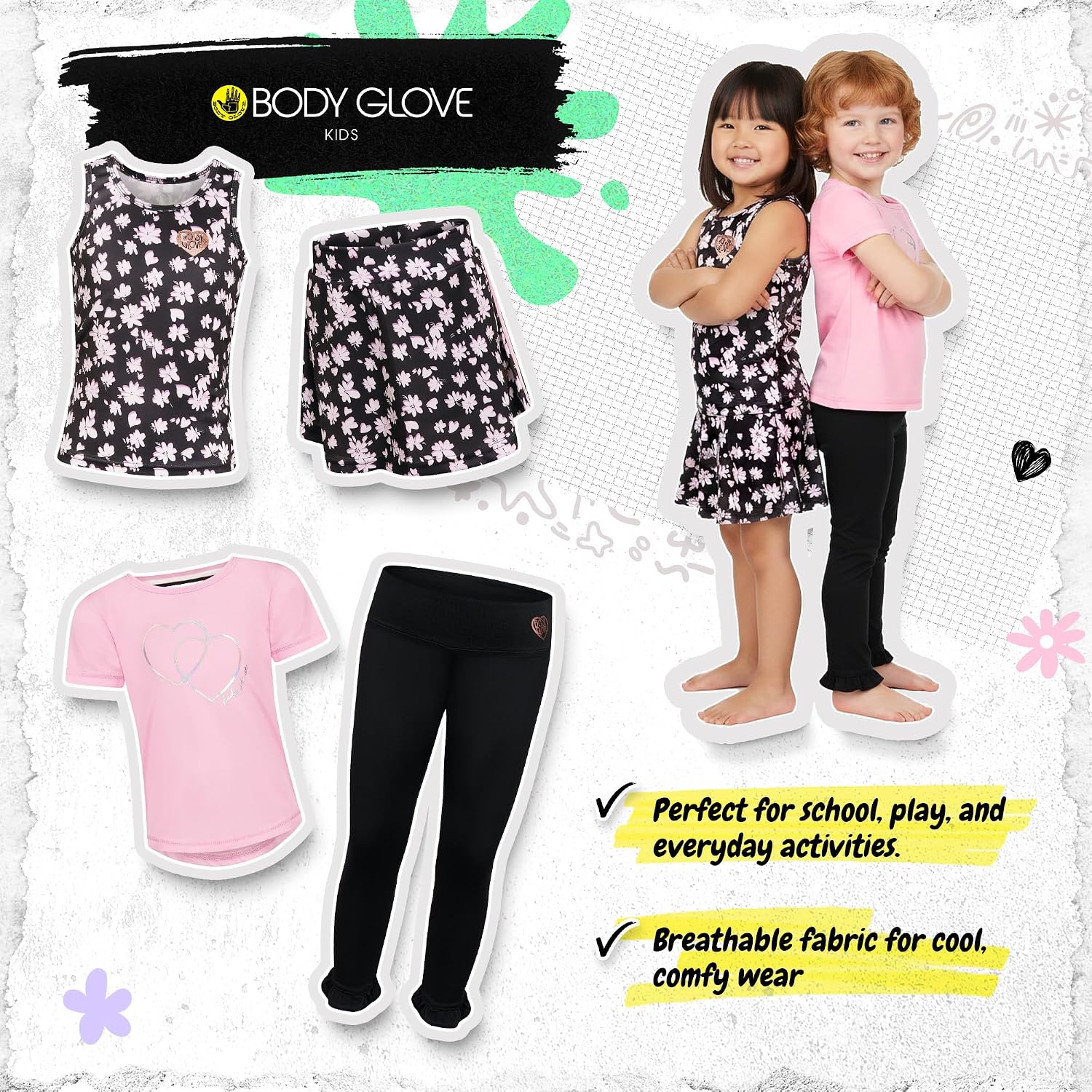 Body Glove Clothes Girls’ 4-Piece Active Pant Set with 2 Short Sleeve Graphic Tees, Jogger Pants & Shorts Sizes (2T-12) image 3
