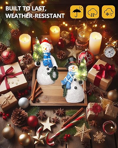 Miniatura 6 de Duo - Figuras de muñeco de nieve de resina de 5 pulgadas con corona de árbol de Navidad iluminada - Decoraciones de Navidad para interiores, adornos