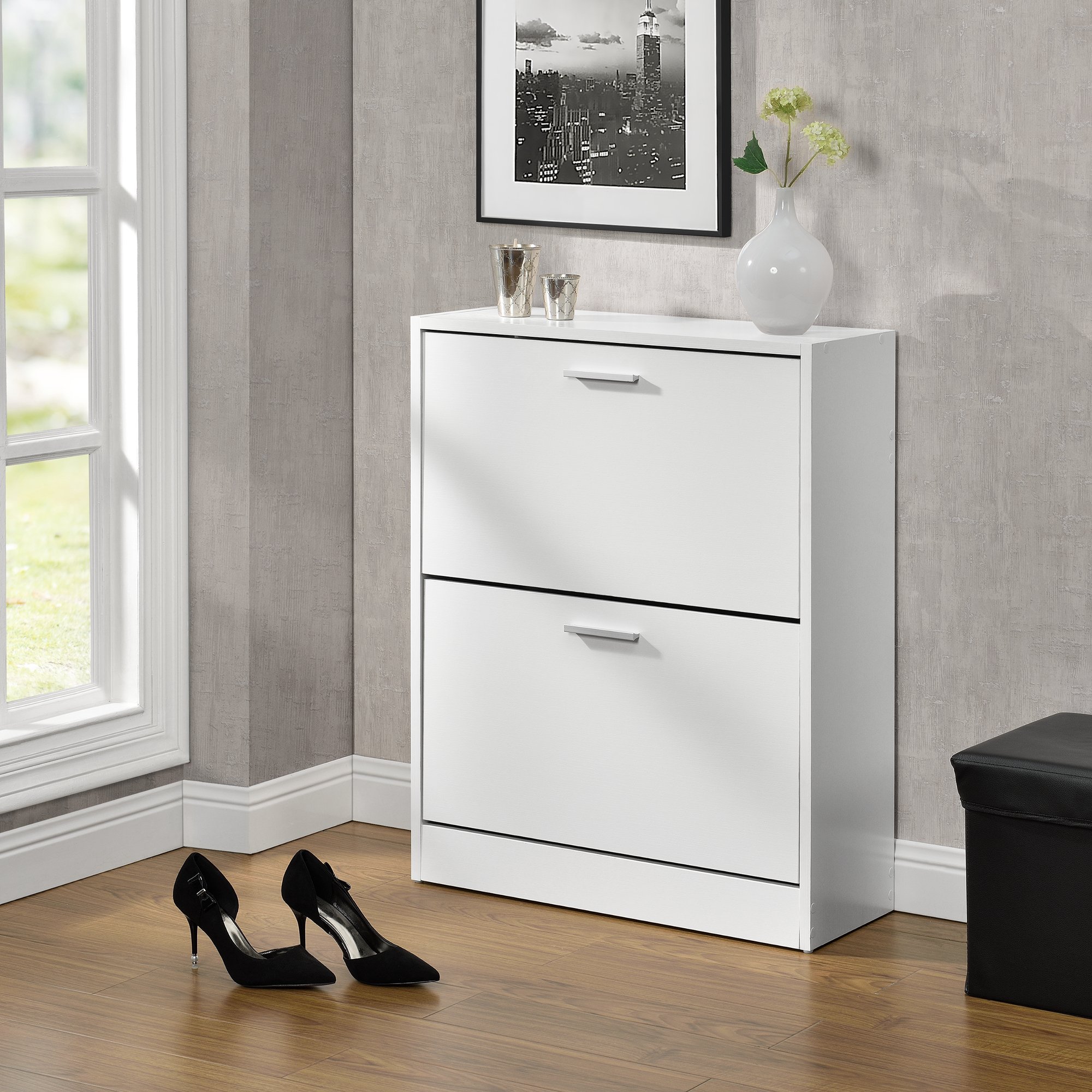 [en.casa] Armario Zapatero Sykkylven Organizador de Zapatos con 2 Puertas para 12 Pares Mueble Zapatero Estrecho para Entrada Recibidor 81 x 63 x 24 cm - Blanco