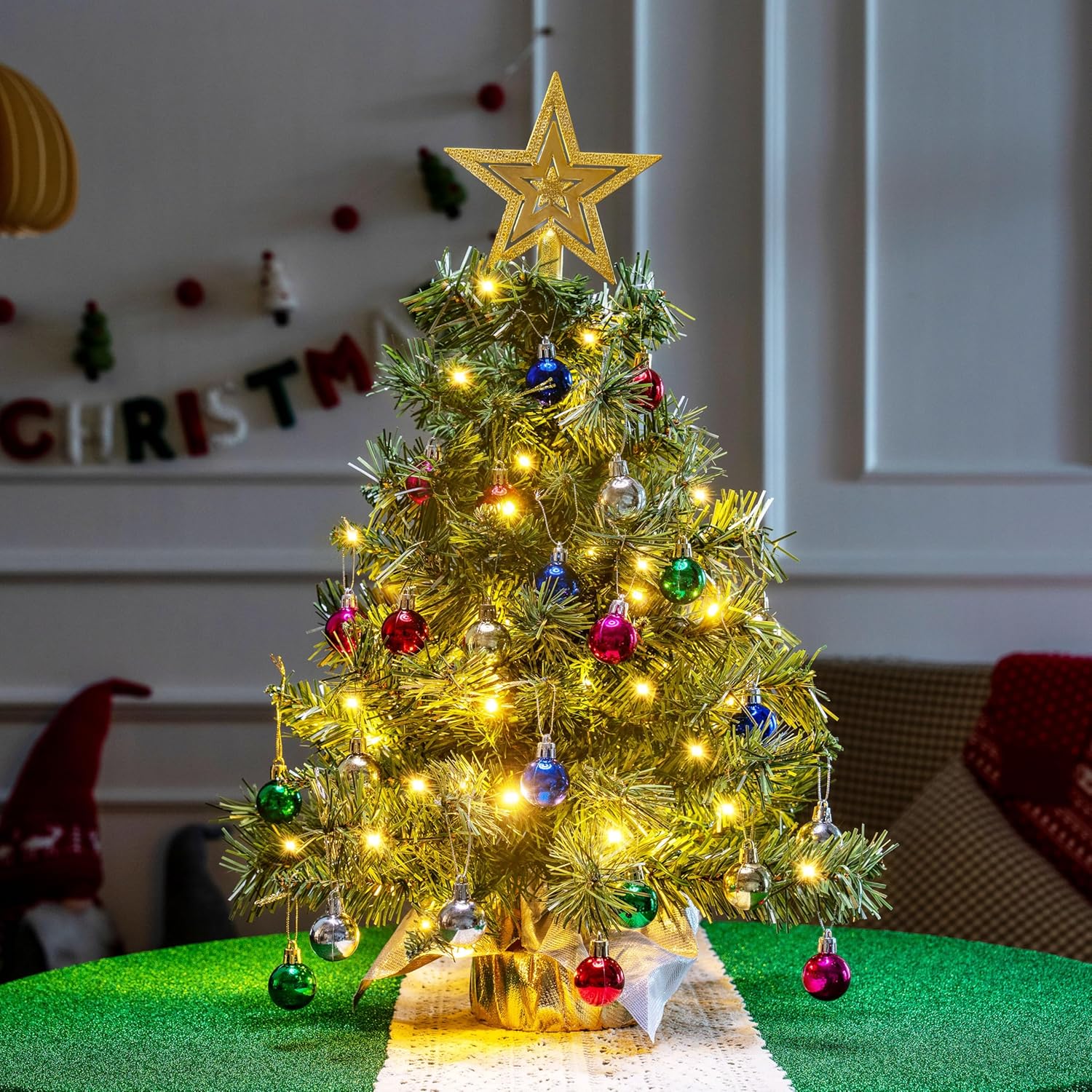 JOIEDOMI 24/2FT Small Tabletop Christmas Tree with Lights with Star Treetop and Hanging Ornaments, Pre-lit Artificial Christmas Green LED Mini Tabletop Tree for Xmas Decorations Indoor Outdoor