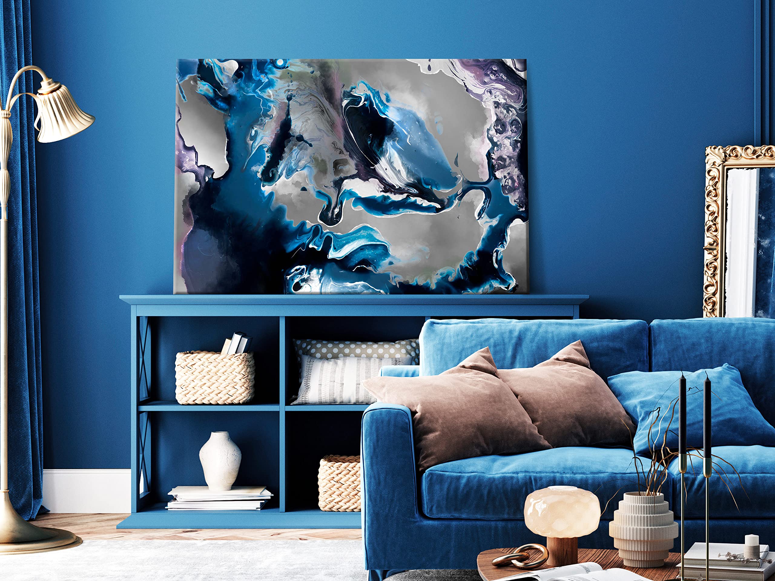 artgeist Acoustic Canvas Wall Art Abstract 35x24 in - 1pcs Picture with Acoustic Foam Sound Print Artwork Room Acoustics Soundproofing Paint Stains Like Painted Blue a-C-10013-b-a