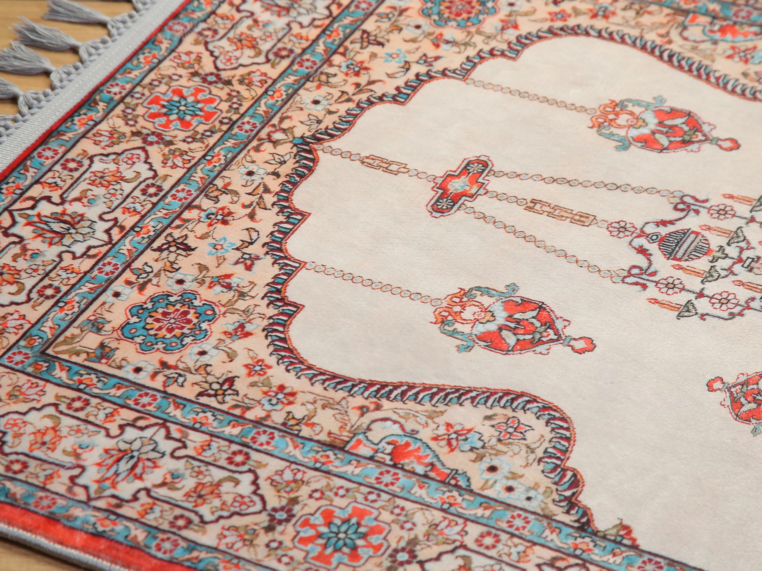allmode homestyle şekil Tapis de prière traditionnel turc - Corail rouge et beige - Pompons décoratifs - Motif floral