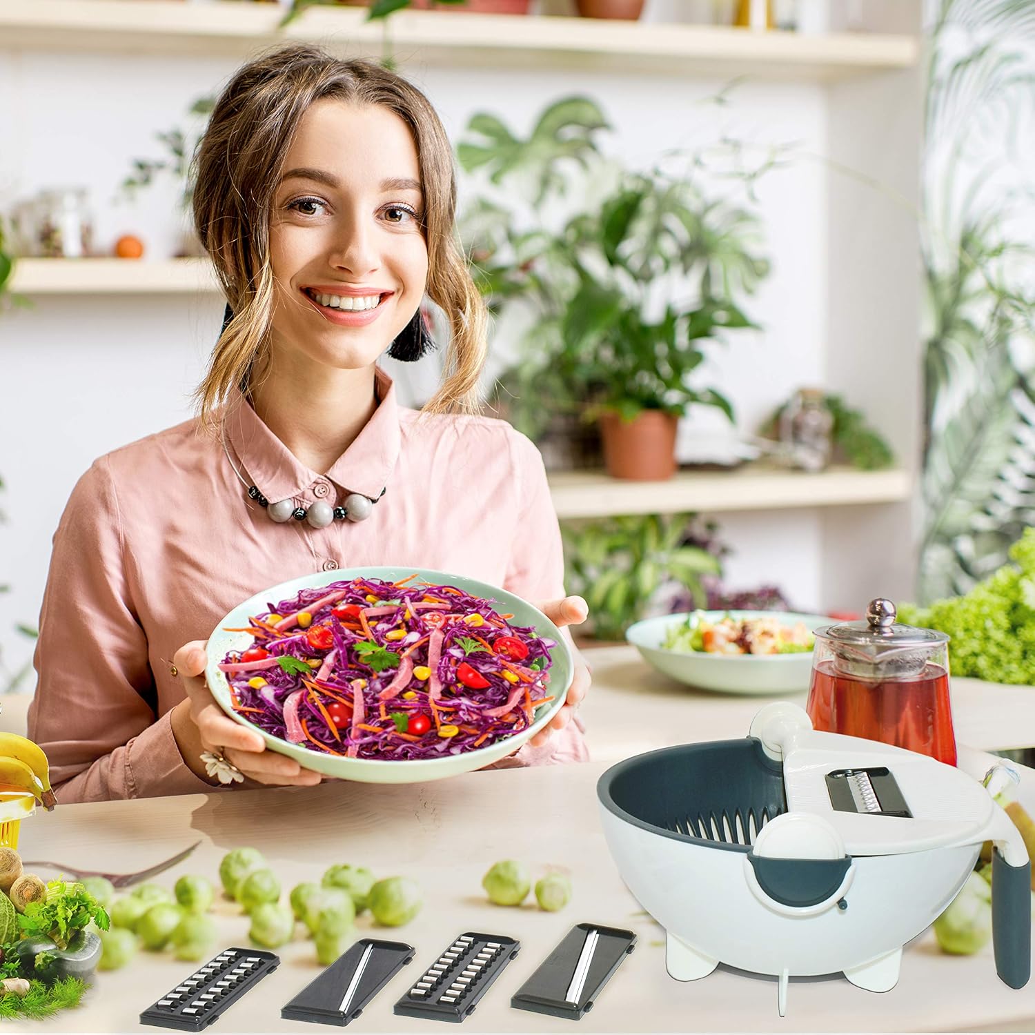 Vegetable Slicer Cutter - VAESIDA Vegetable Chopper Multi Blade Adjustable Mandoline Slicer Cheese Vegetables Julienne Slicer w/ Drain Basket - Best Veggie Cheese Shredder Grater Set with Fruit Peeler