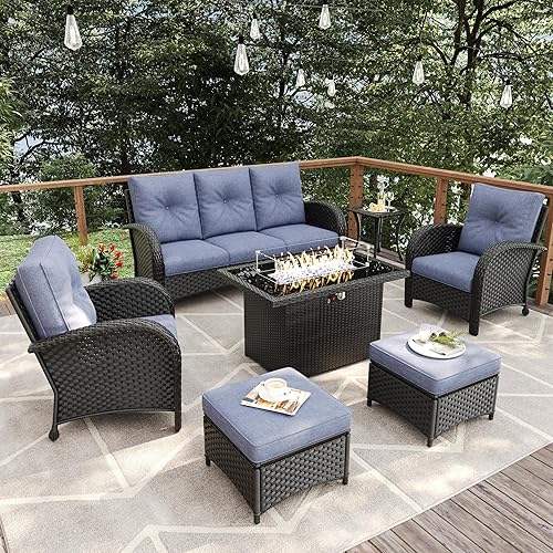 7 Pieces Patio Furniture Sets with Fire Pit Table, Wicker Rattan High Back Outdoor Armchairs Set with 3-Seat Couch, Ottomans and Side Table