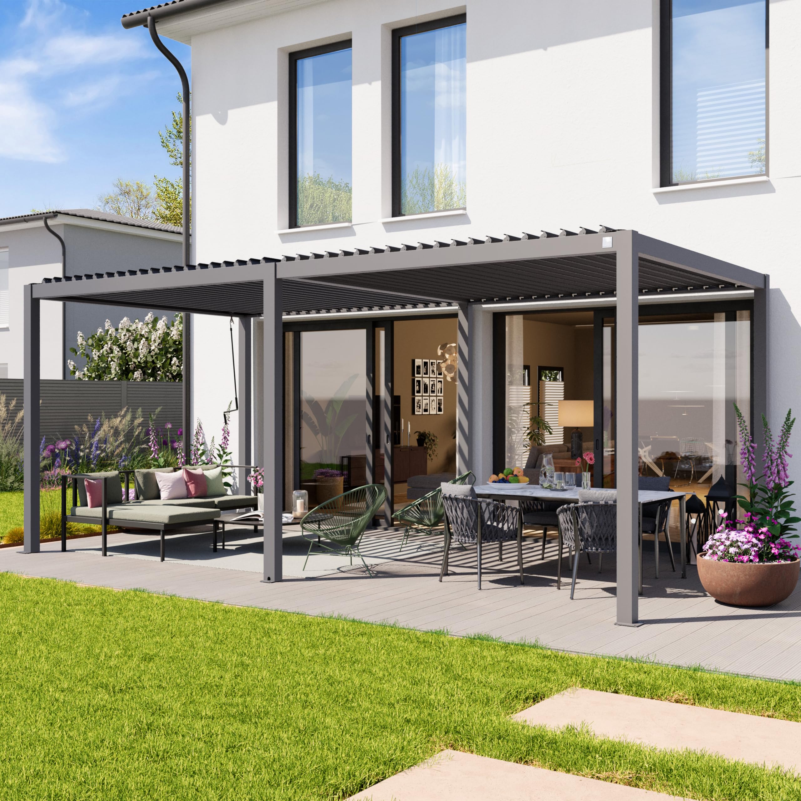 PRIMEYARD Pergola 3x6 m montanti in alluminio con tetto a doghe in acciaio gazebo da giardino grigio