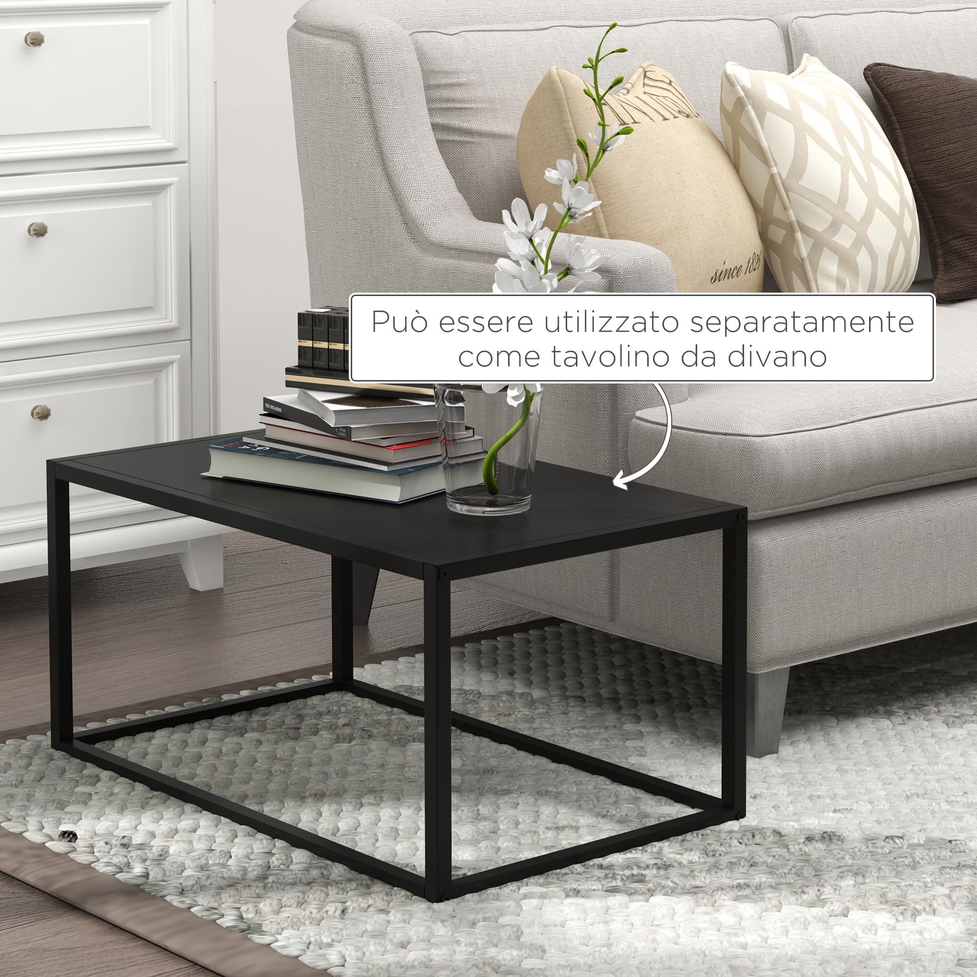 HOMCOM Set Di 2 Tavolini Da Salotto Impilabili Rotondi Con Vano Contenitore - Nero, Acciaio - Foto 12