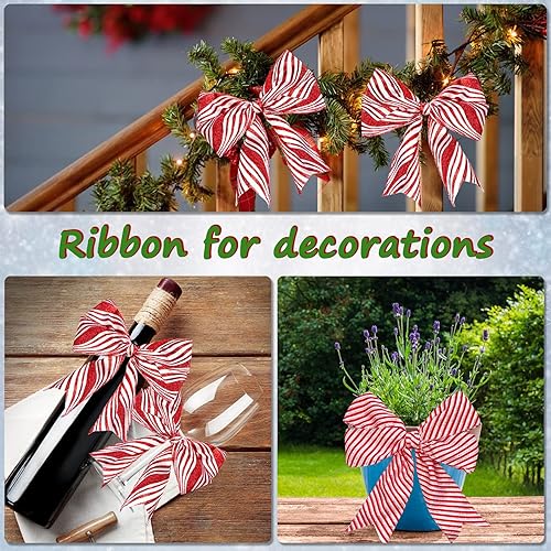 Miniatura 7 de 2 rollos de cintas navideñas con borde con alambre de 2.5 pulgadas de ancho, rayas rojas y blancas para envolver regalos, lazos de corona,